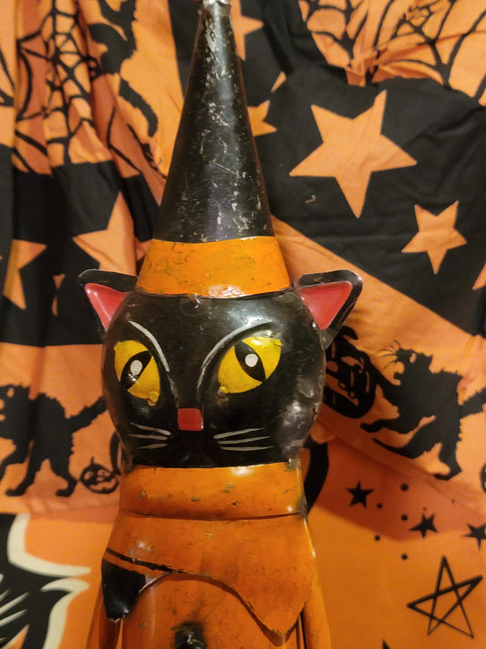 Vintage Halloween Style Black Cat Witch Trick or Treater with Skull Bucket