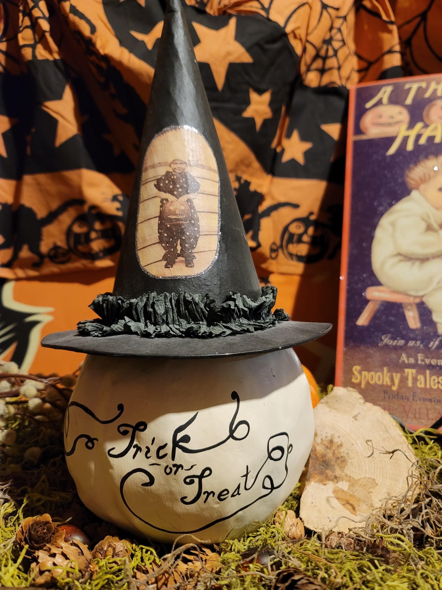 Vintage Halloween Style Dee Foust White Pumpkin Witch Container