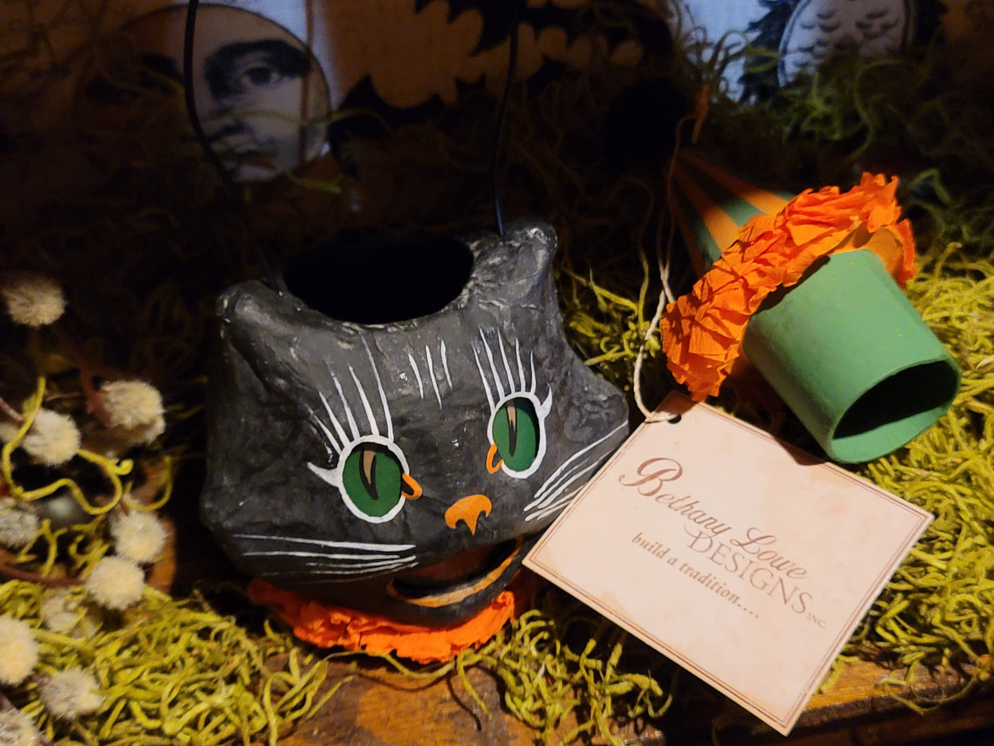 Vintage Halloween Style Bethany Lowe Black Cat Mini Bucket Ornament