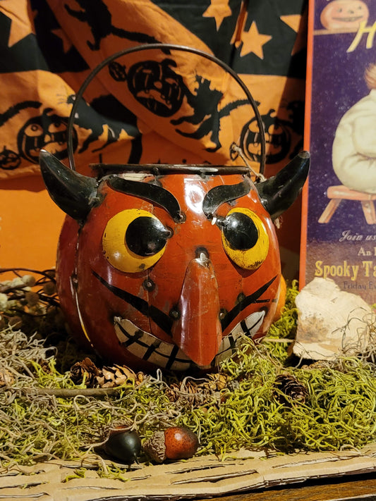 Vintage Halloween Style Metal Devil Head Candy Bucket Container
