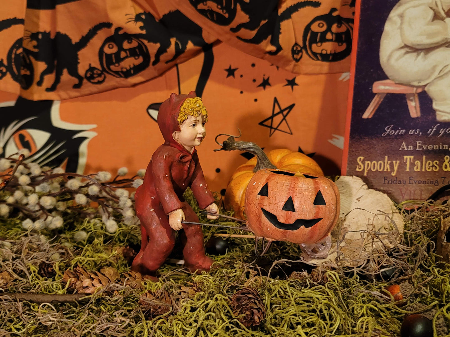Vintage Halloween Style Bethany Lowe Devil Boy with Pumpkin Cart