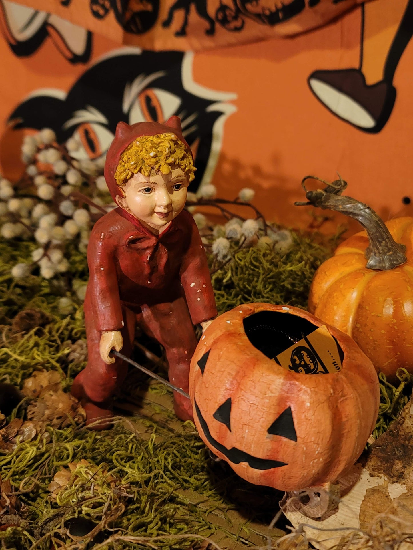 Vintage Halloween Style Bethany Lowe Devil Boy with Pumpkin Cart