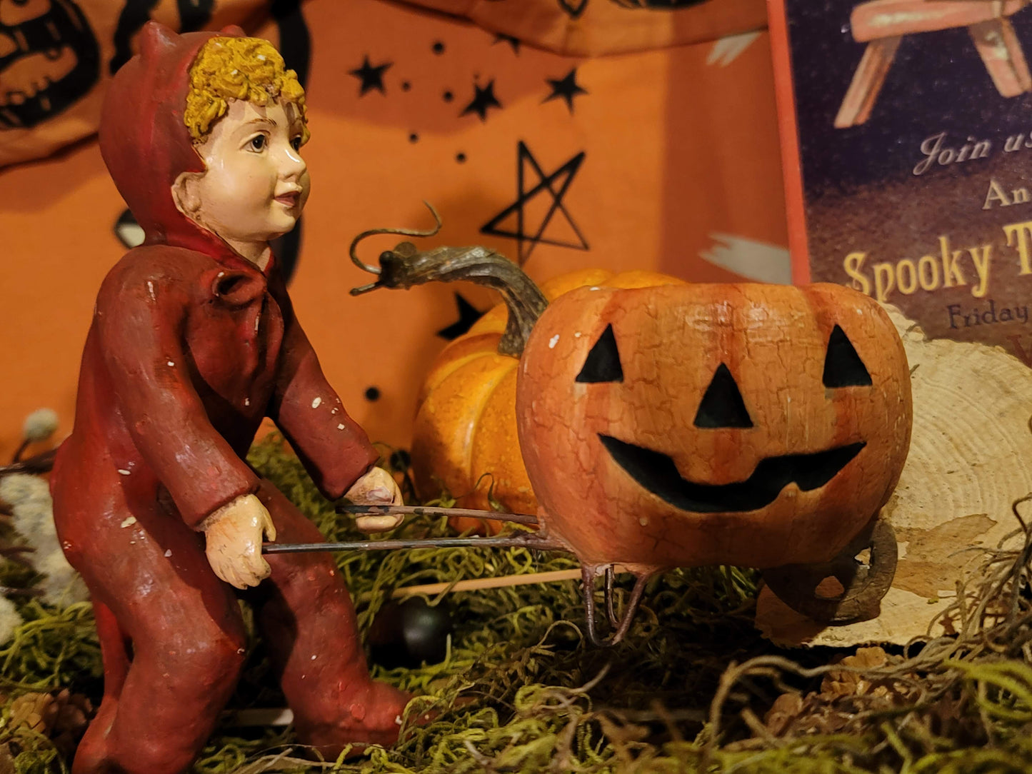 Vintage Halloween Style Bethany Lowe Devil Boy with Pumpkin Cart