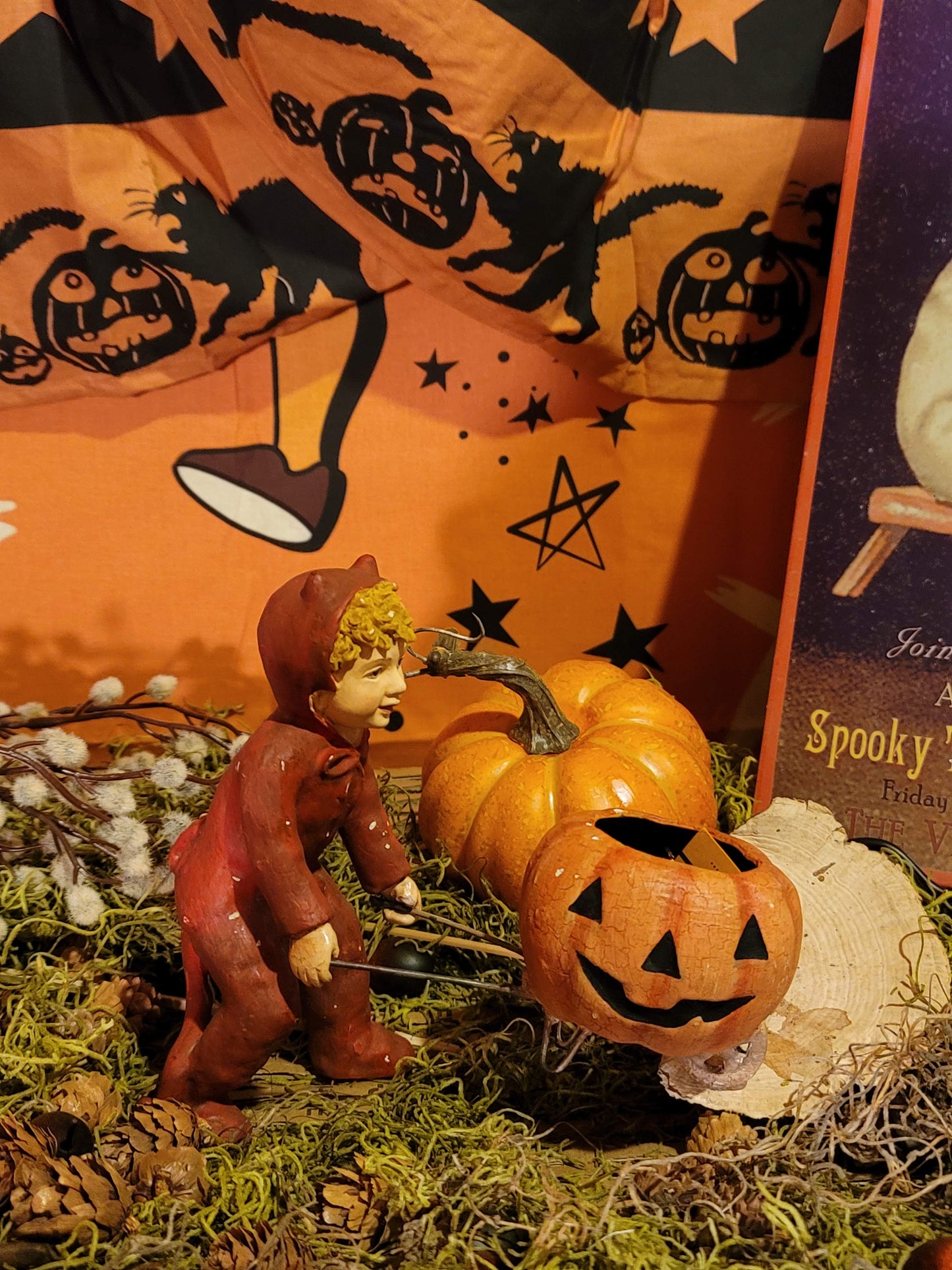 Vintage Halloween Style Bethany Lowe Devil Boy with Pumpkin Cart