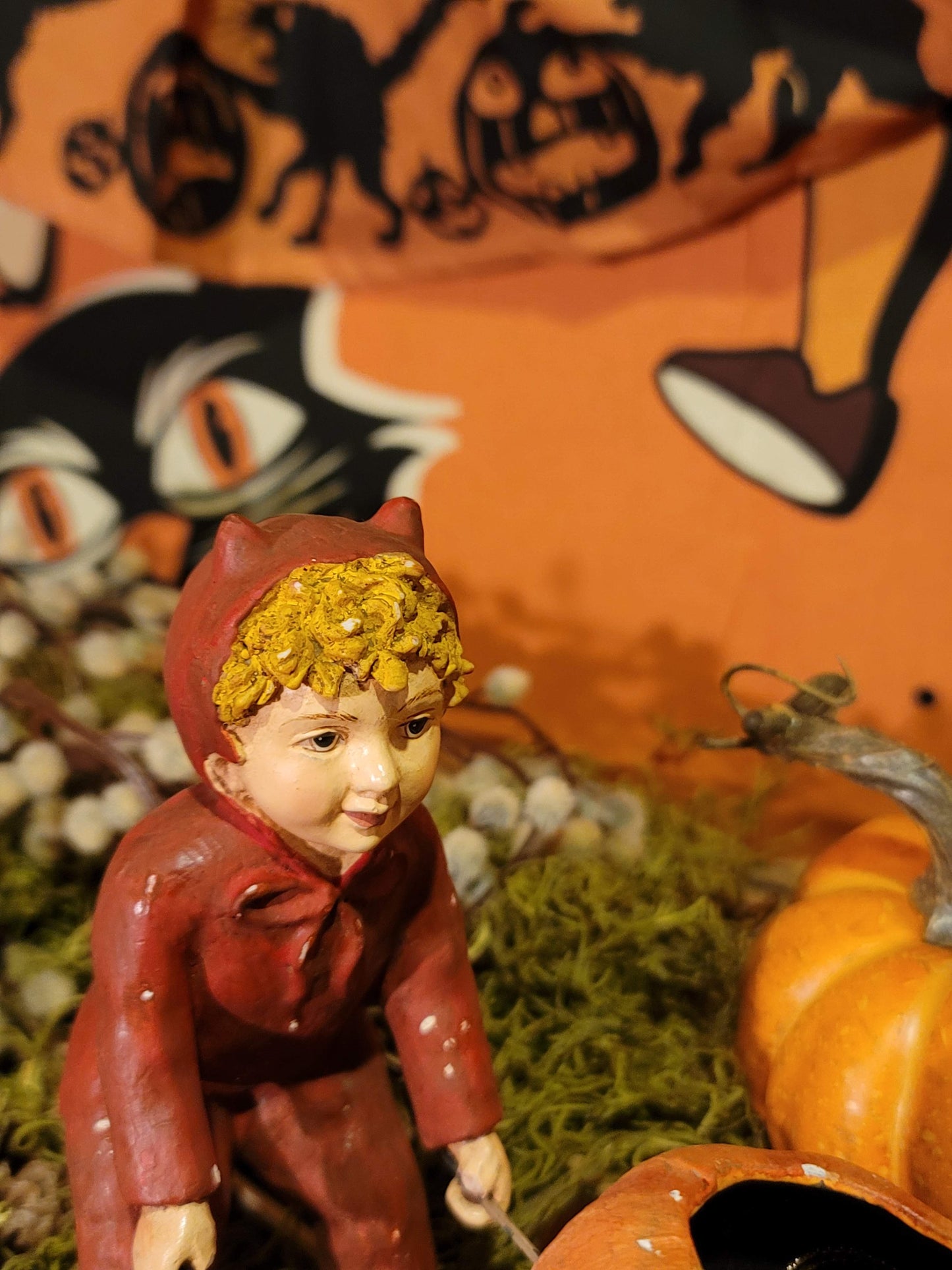 Vintage Halloween Style Bethany Lowe Devil Boy with Pumpkin Cart