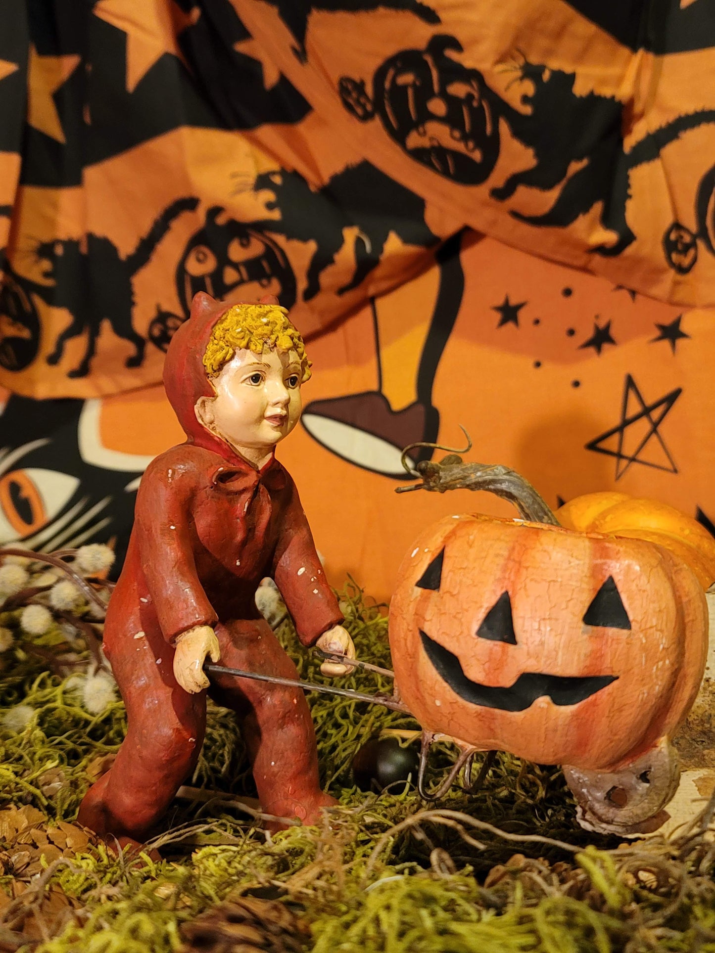 Vintage Halloween Style Bethany Lowe Devil Boy with Pumpkin Cart