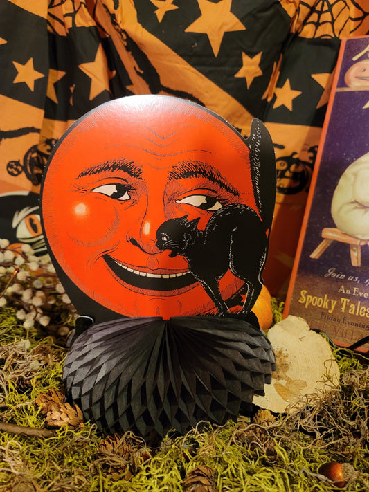 Vintage Halloween Style Retro Black Cat and Man in the Moon Decoration