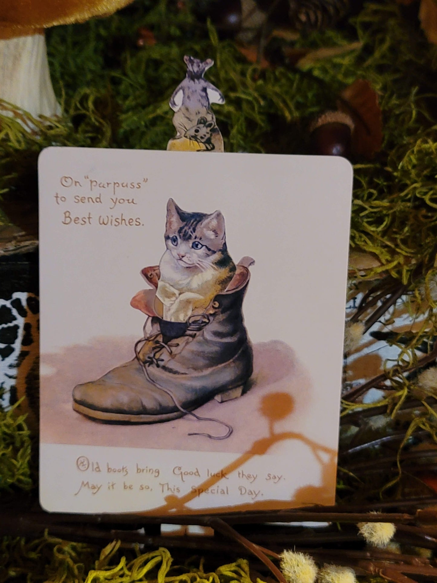 Vintage Victorian Style Mechanical Pop Up Kitten Cat and Mouse Moving Card