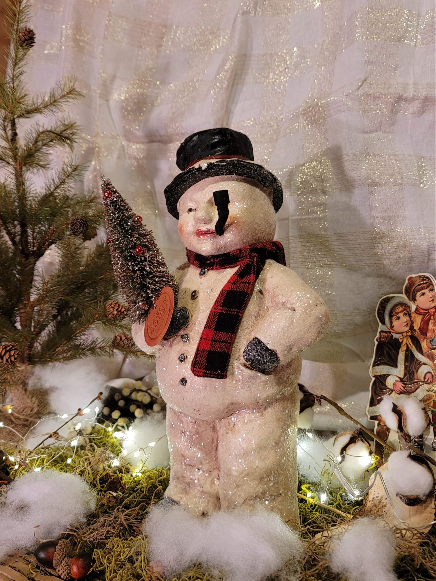 Vintage Victorian Style Christmas Snowman WC Feilds Figurine with Tree LARGE