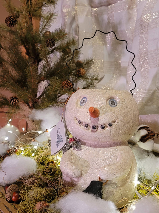 Vintage Christmas Bethany Lowe Folk Art Snowman Bucket with Figure Skate Container