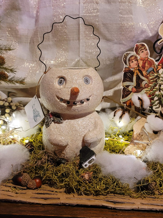 Vintage Christmas Bethany Lowe Folk Art Snowman Bucket with Figure Skate Container