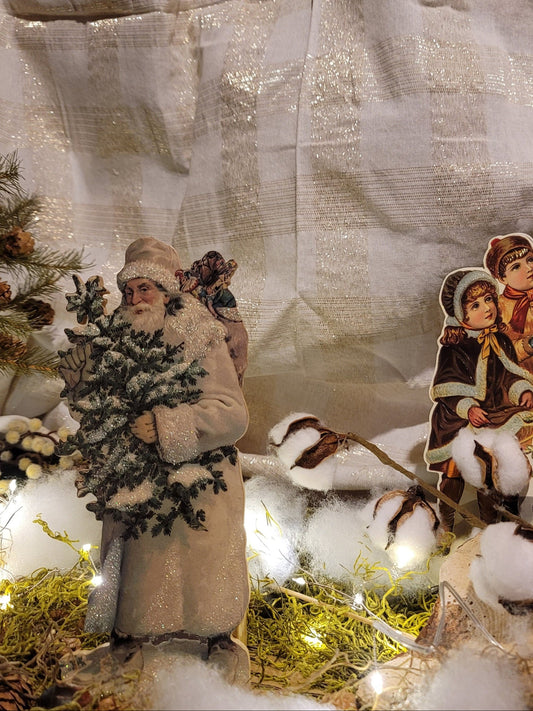 Vintage Victorian Postcard Style Santa Claus with Tree Music Box