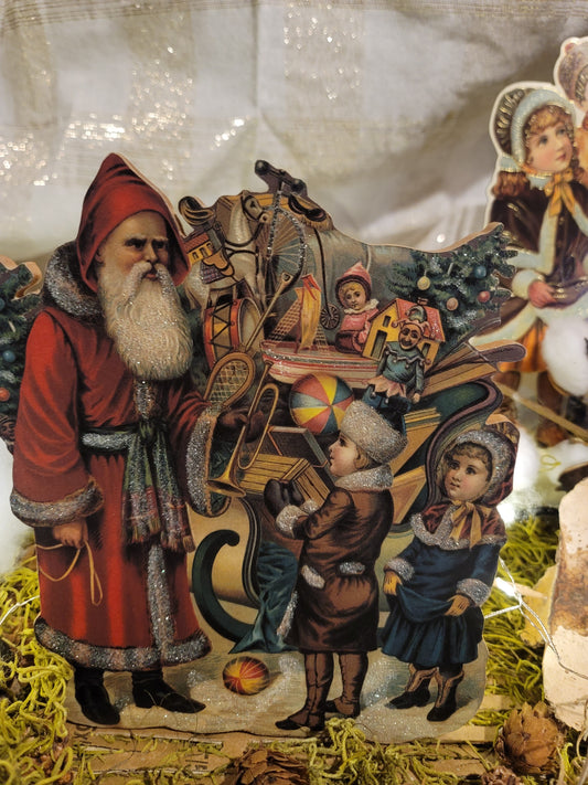Vintage Victorian Christmas Style Father Christmas with Sleigh and Children Music Box