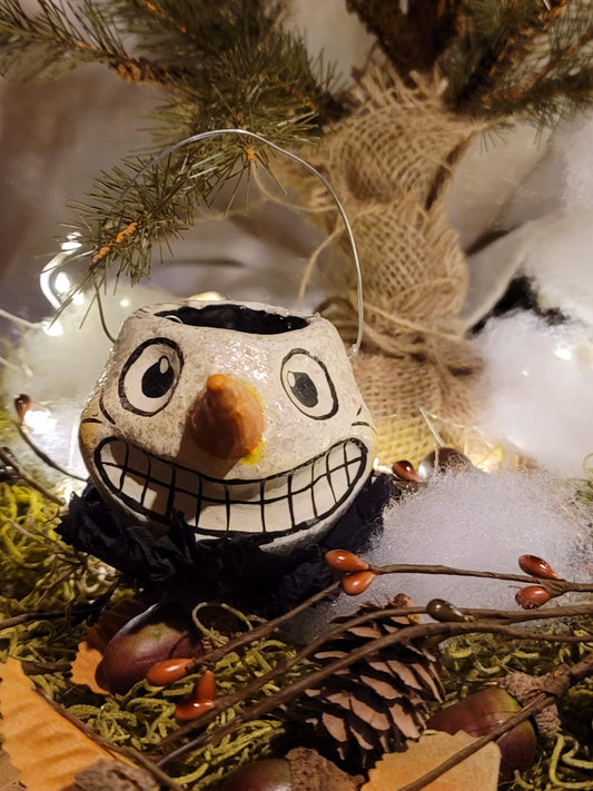 Vintage Halloween Christmas Style Silver Willow Snowman Head Bucket Ornament