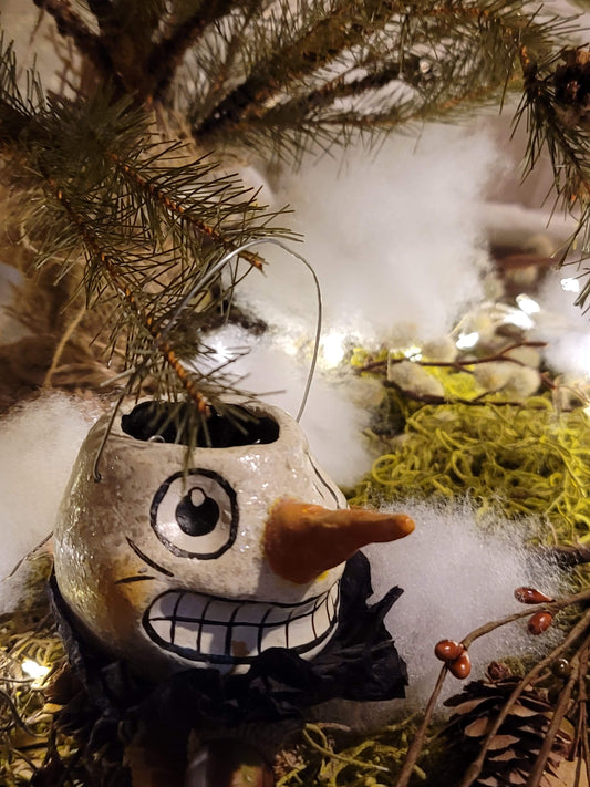 Vintage Halloween Christmas Style Silver Willow Snowman Head Bucket Ornament