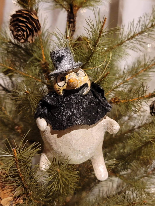 Vintage Christmas Halloween Silver Willow Snowman Ornament with Top Hat