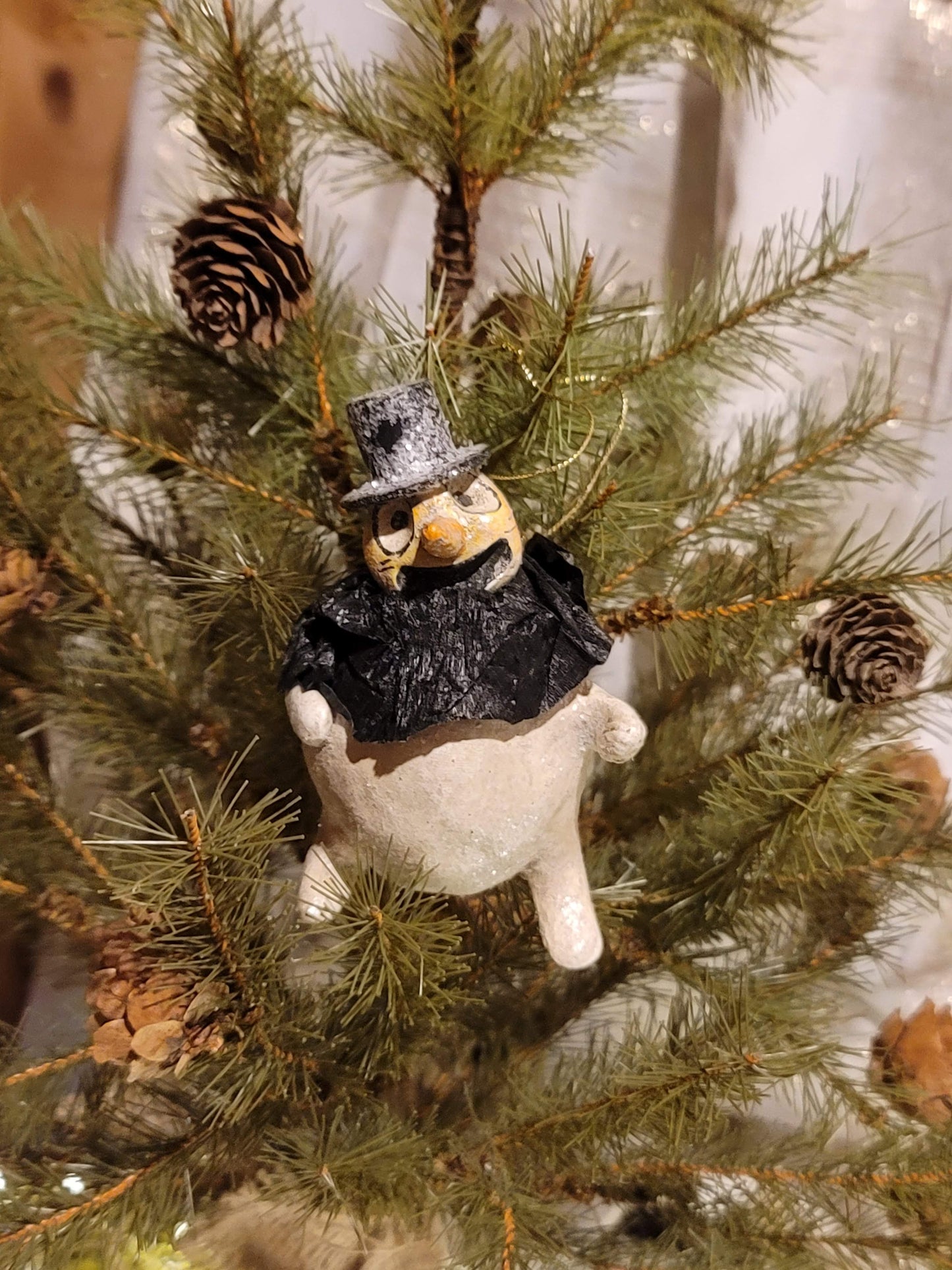 Vintage Christmas Halloween Silver Willow Snowman Ornament with Top Hat