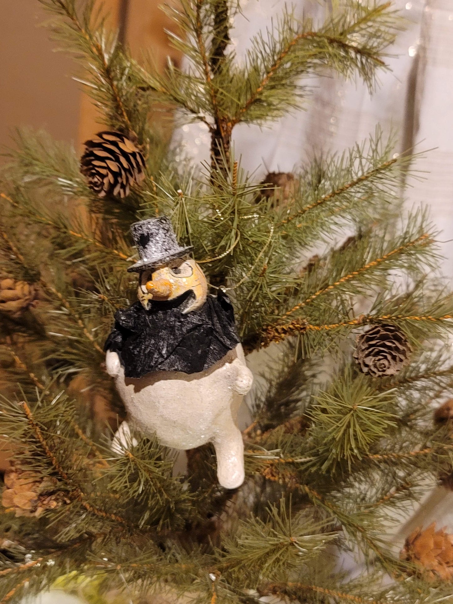 Vintage Christmas Halloween Silver Willow Snowman Ornament with Top Hat