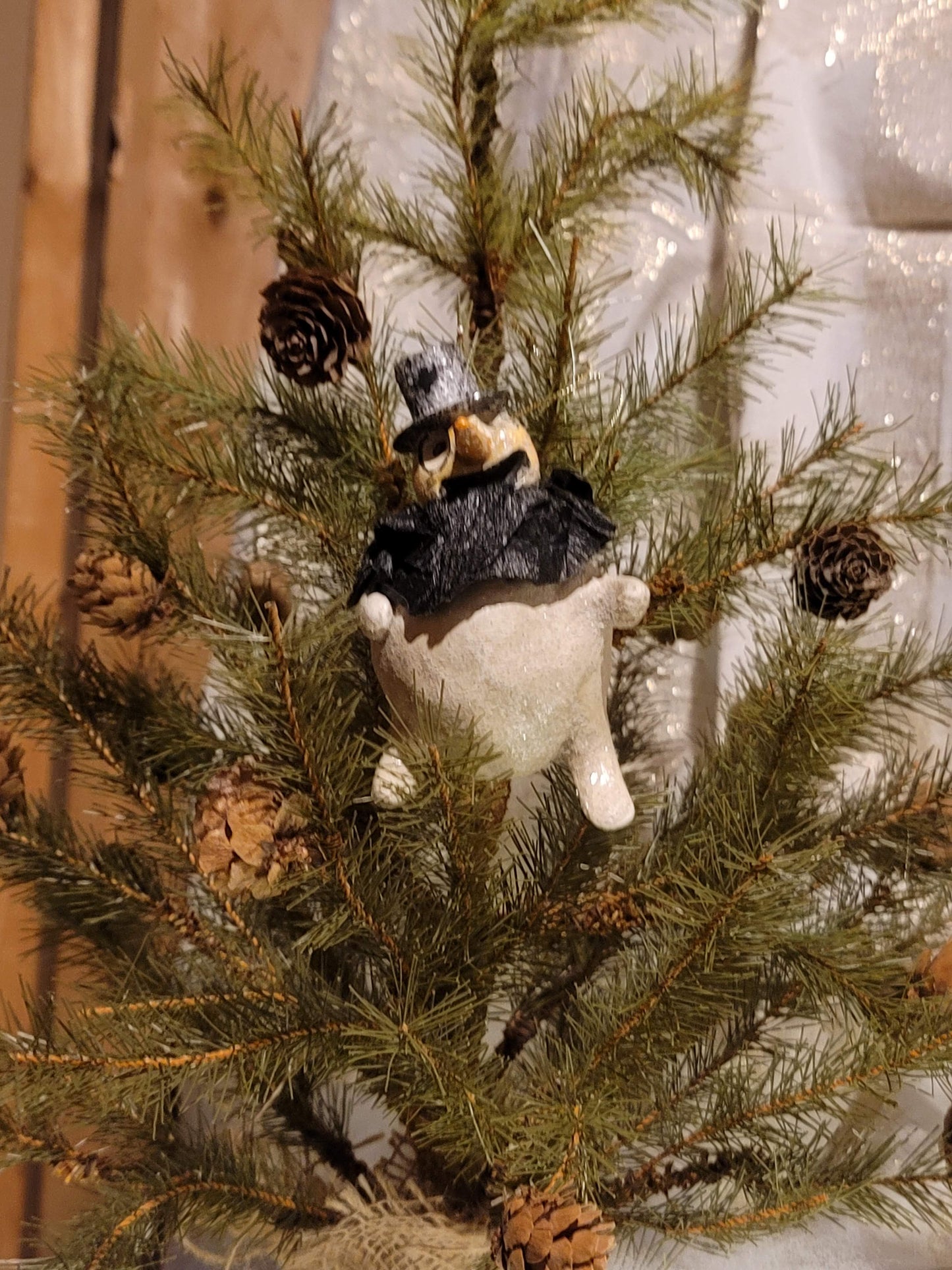 Vintage Christmas Halloween Silver Willow Snowman Ornament with Top Hat