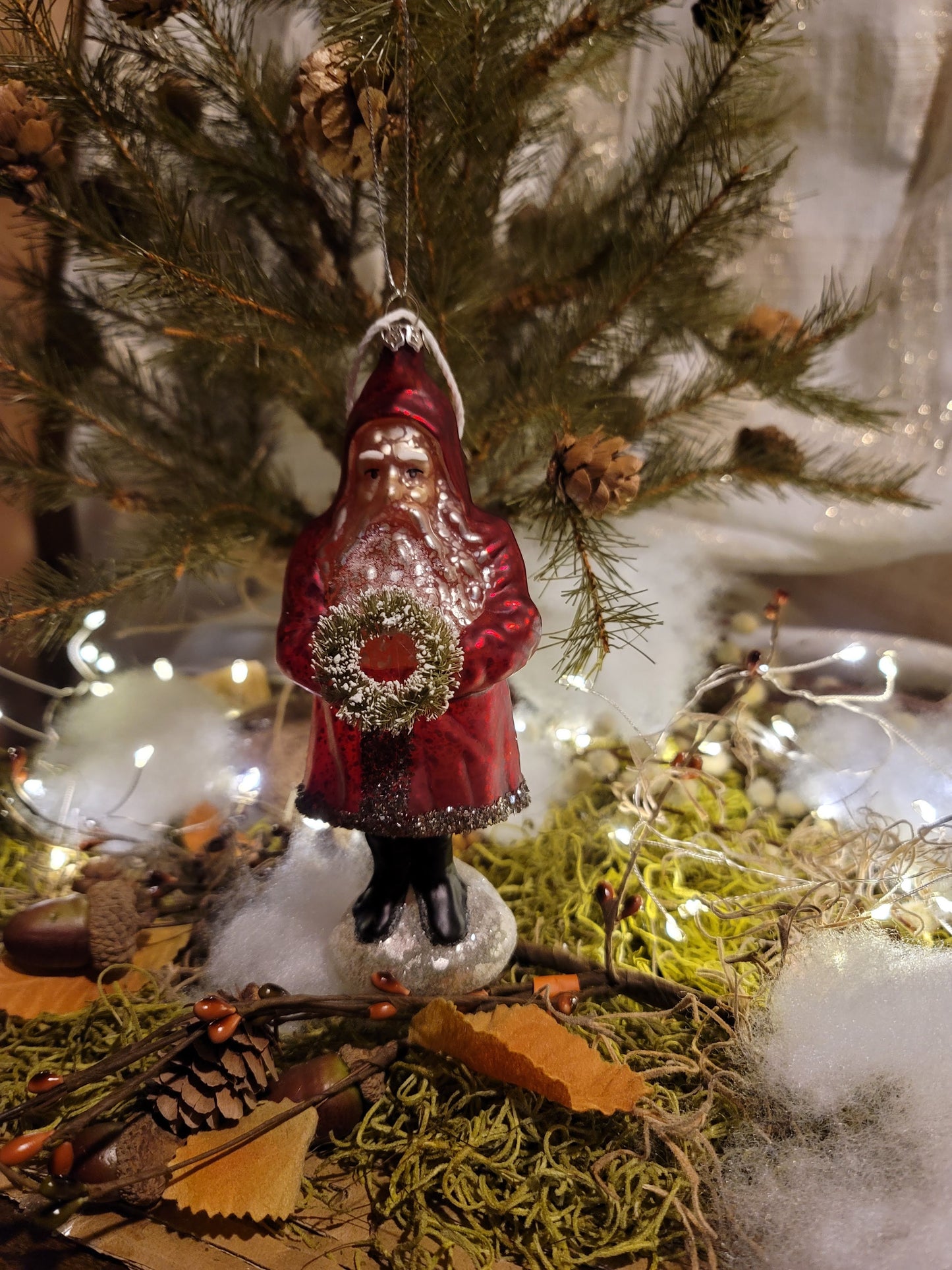 Vintage Victorian Christmas Style Mercury Glass Belsnickle Santa with Wreath Ornament