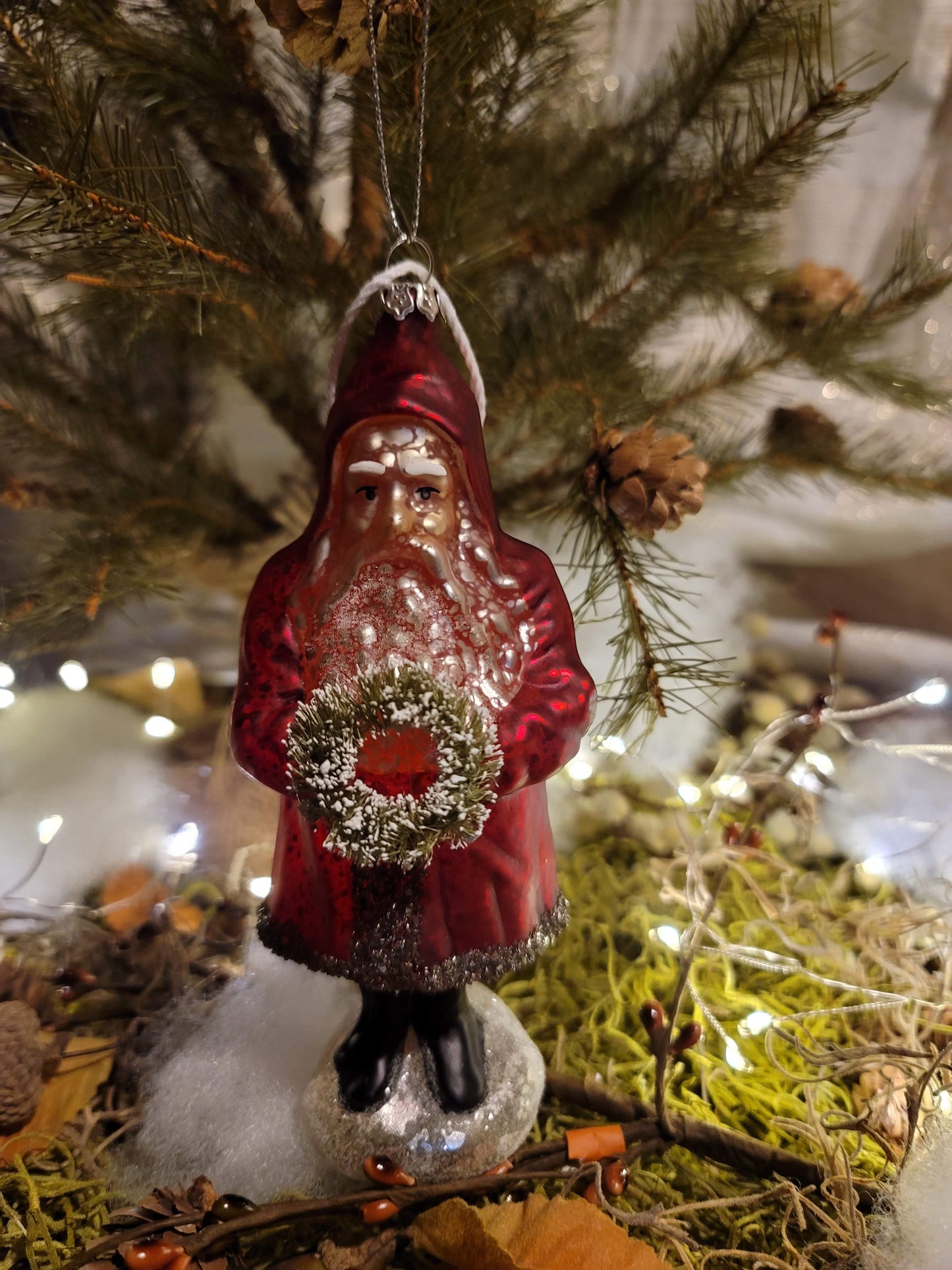 Vintage Victorian Christmas Style Mercury Glass Belsnickle Santa with Wreath Ornament
