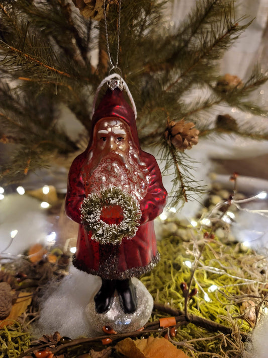 Vintage Victorian Christmas Style Mercury Glass Belsnickle Santa with Wreath Ornament