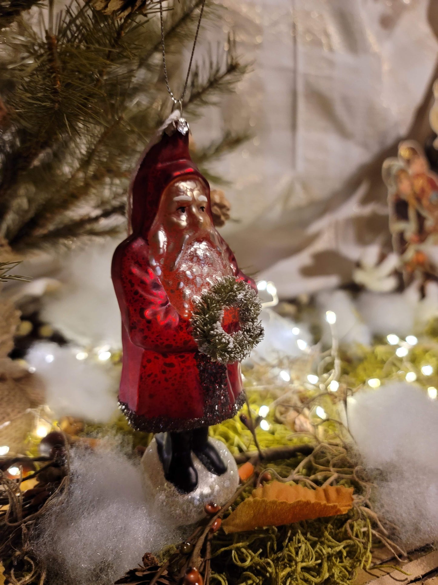 Vintage Victorian Christmas Style Mercury Glass Belsnickle Santa with Wreath Ornament
