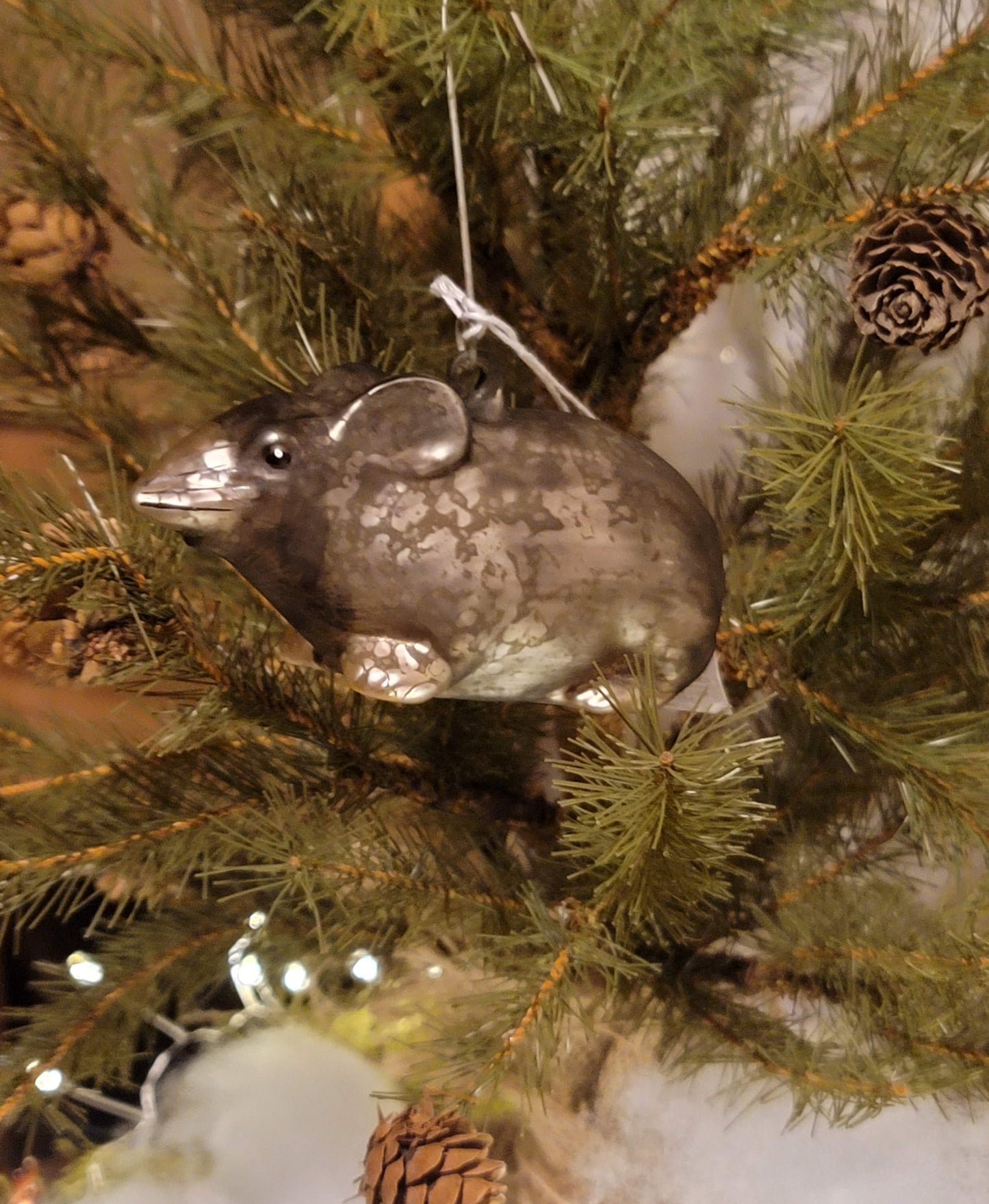 Primitive Christmas Style Whimsy Mercury Glass Silver Mouse Ornament