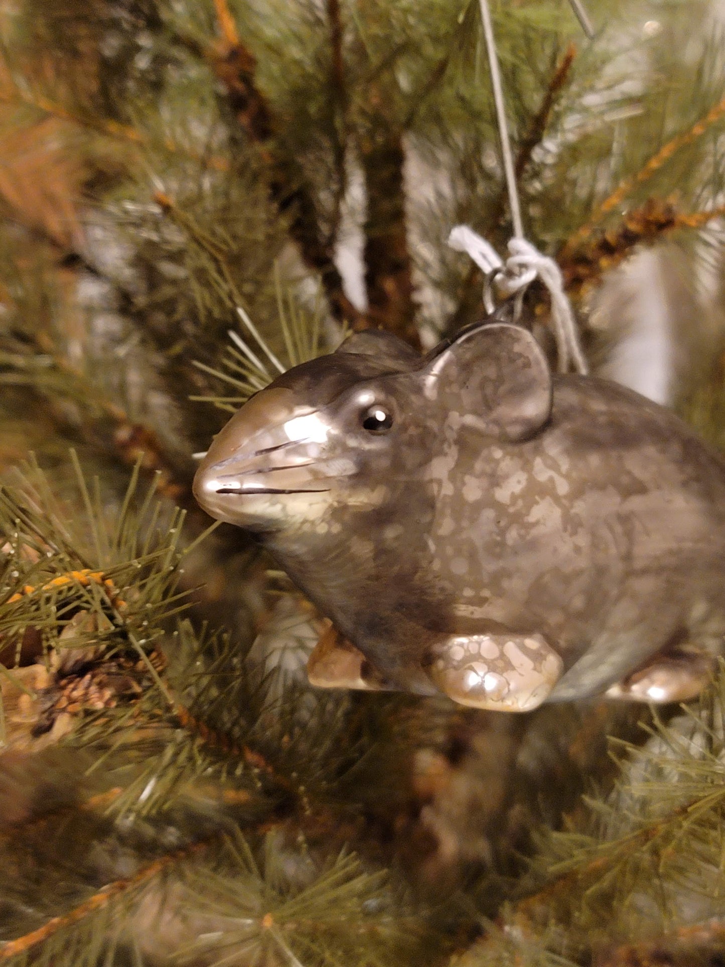Primitive Christmas Style Whimsy Mercury Glass Silver Mouse Ornament