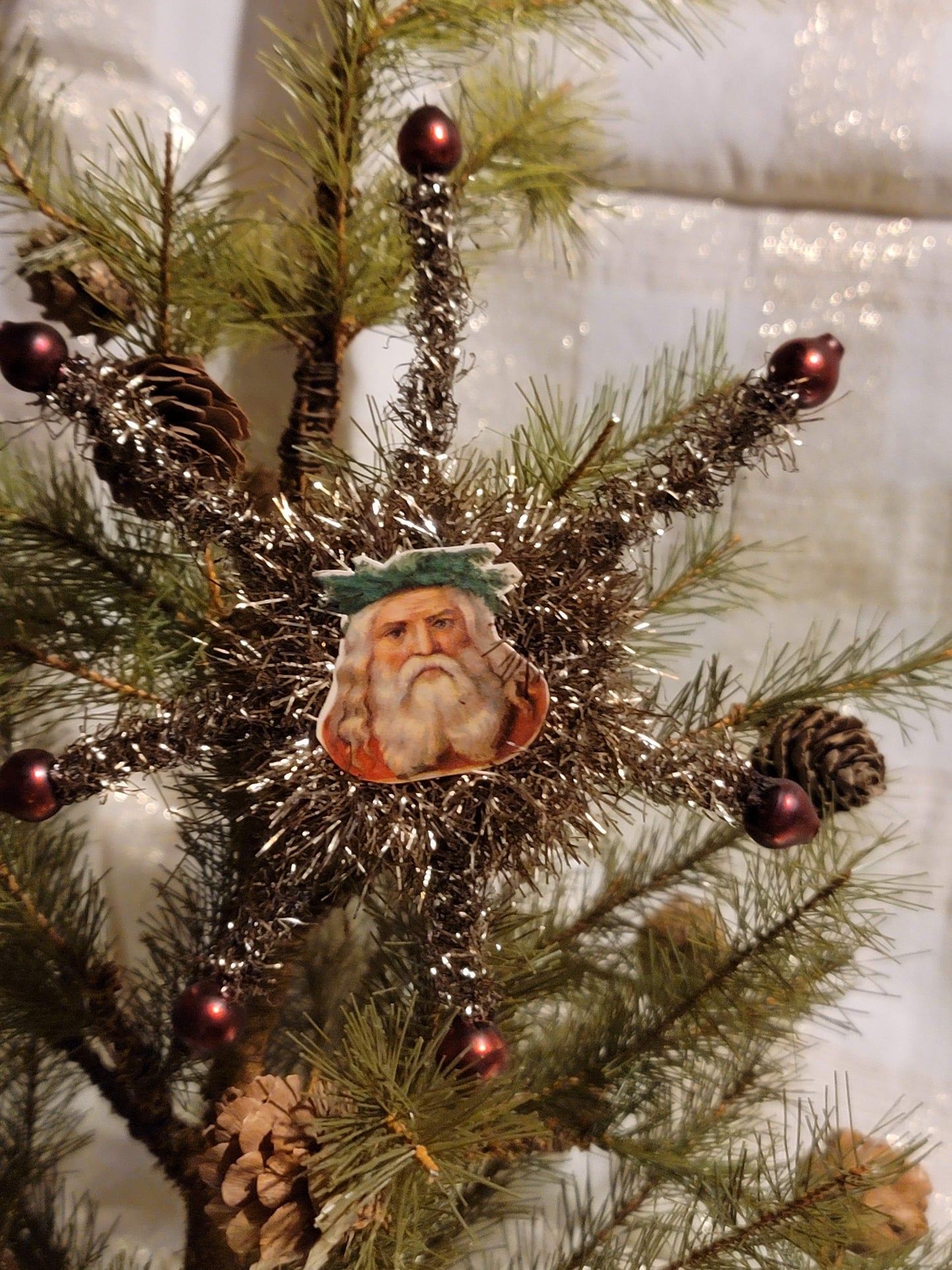 Vintage Victorian Christmas Style Antiqued Santa Tinsel Ephemera Star Ornament