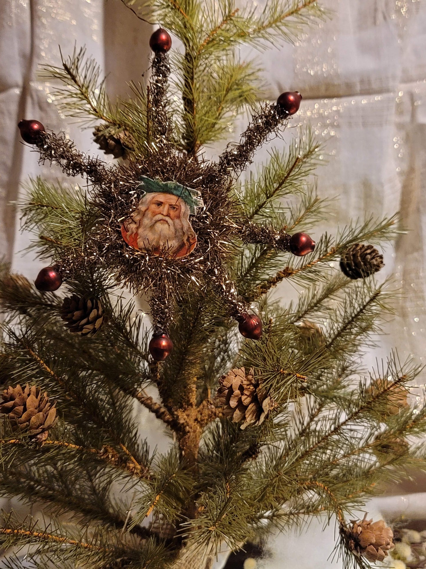 Vintage Victorian Christmas Style Antiqued Santa Tinsel Ephemera Star Ornament