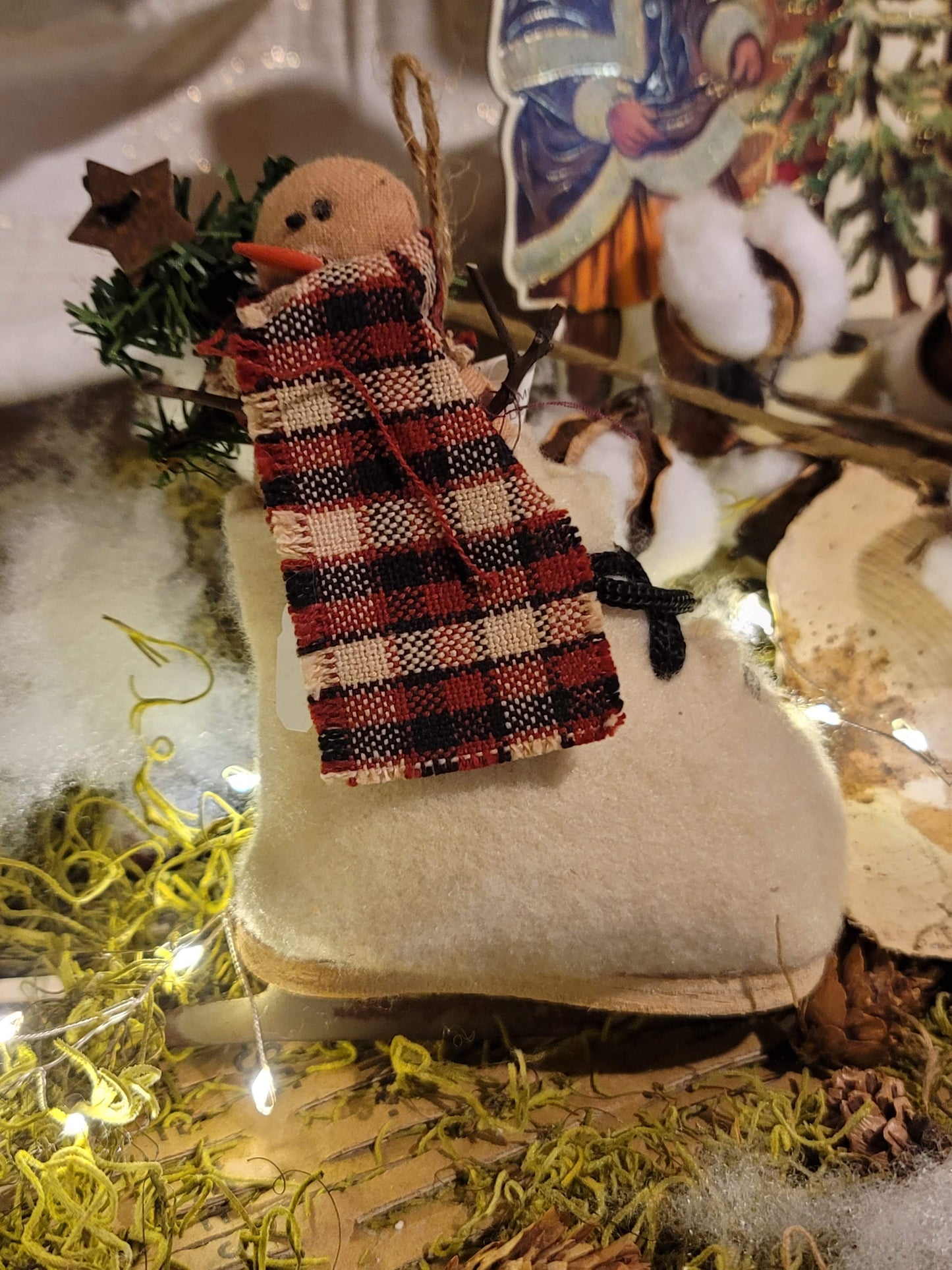 Primitive Country Christmas Snowman Ice Skate Stuffed Ornament