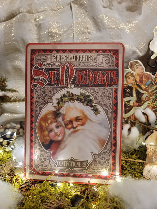 Vintage Victorian Christmas Postcard Santa and Child Metal Cookie Storage Container