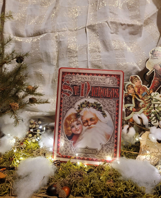 Vintage Victorian Christmas Postcard Santa and Child Metal Cookie Storage Container