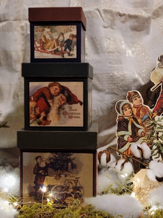 Vintage Victorian Style Christmas Postcard Nesting Boxes Set