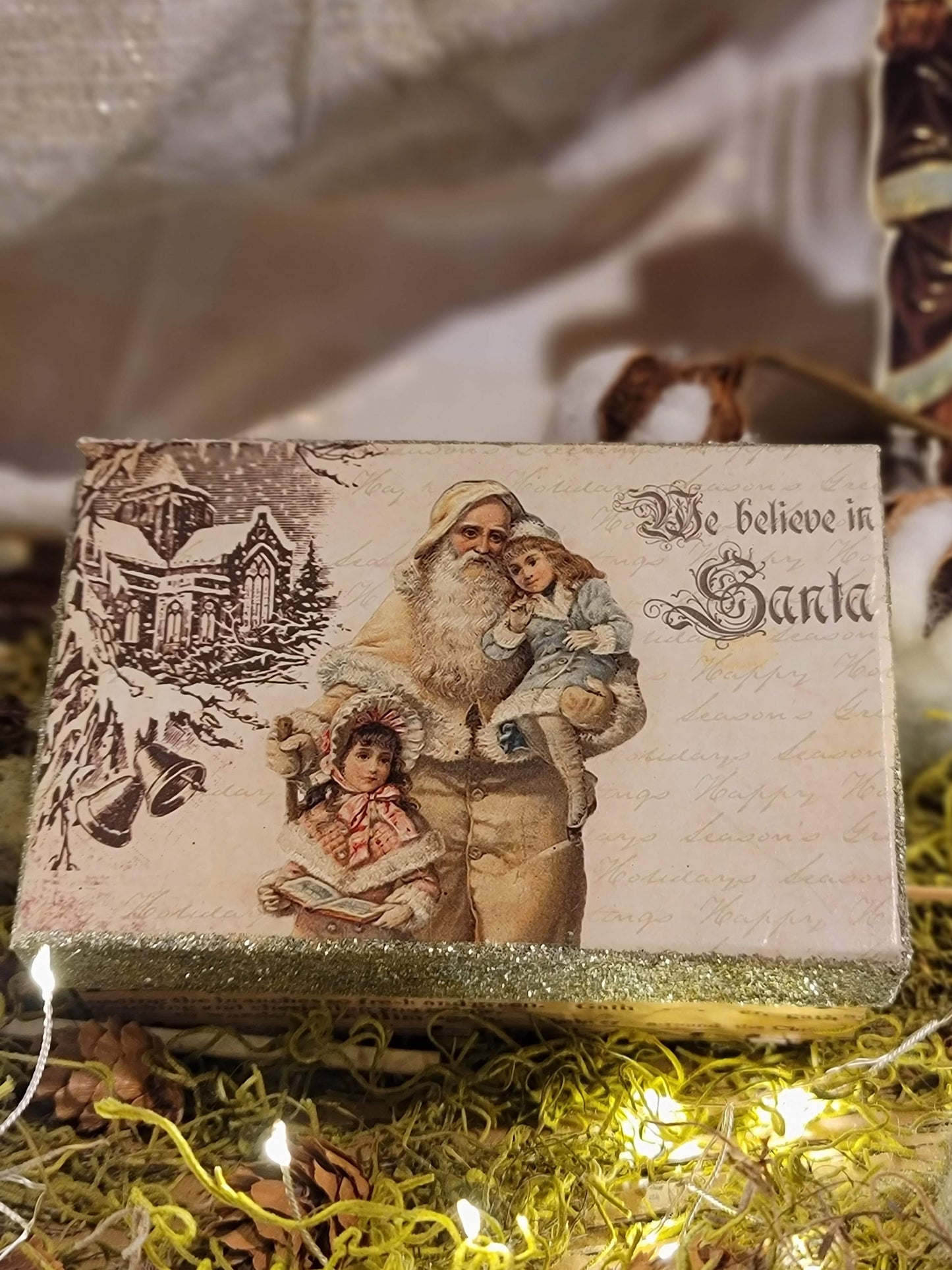 Vintage Victorian Christmas Santa Style Glittered Box Container
