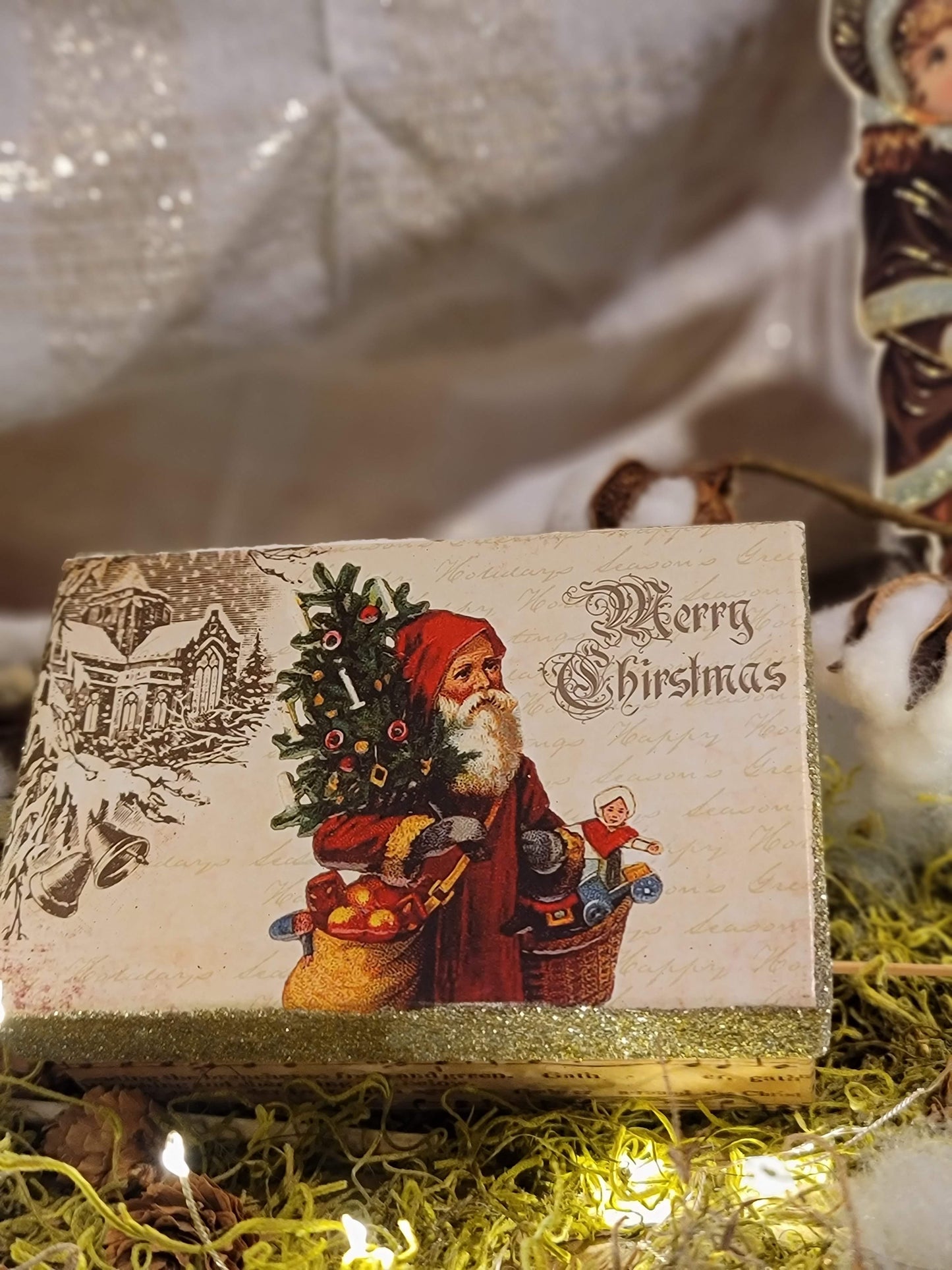 Vintage Victorian Christmas Santa Style Glittered Box Container