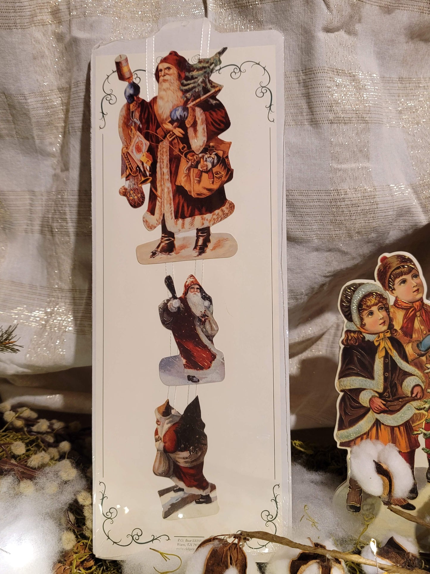 Vintage Victorian Santa Father Christmas or Child with Sled Ribbon Card Ornament