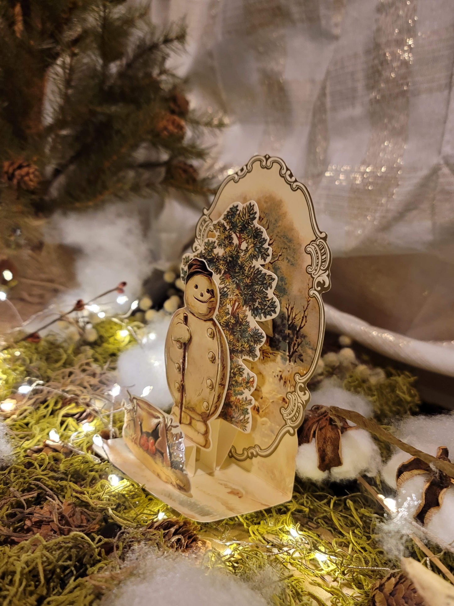 Victorian Christmas Postcard Style Pop Up Standing Snowman Card