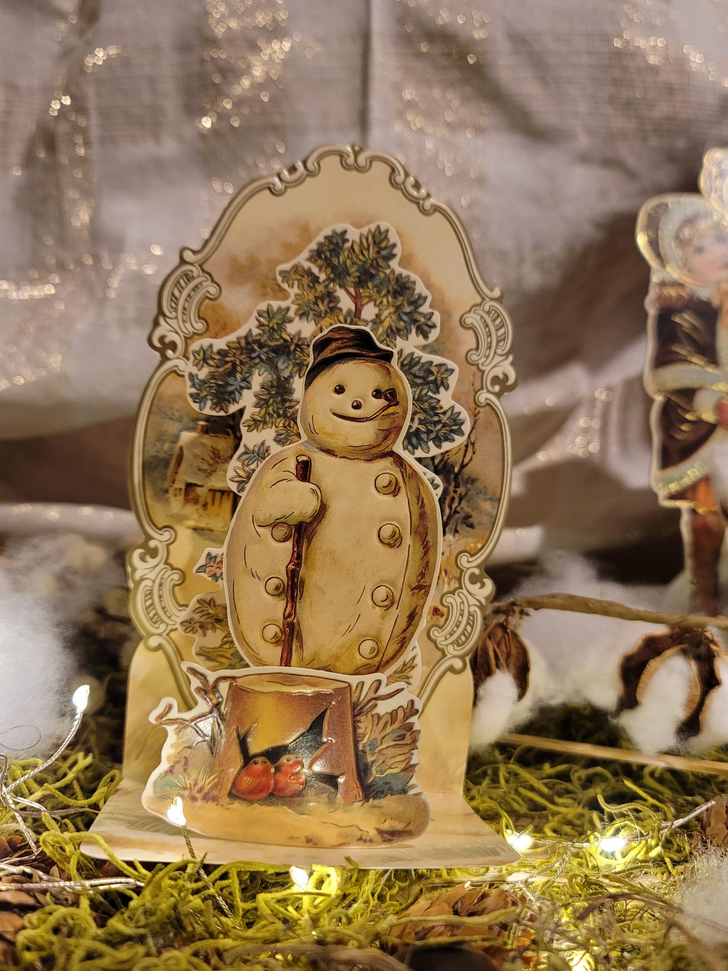 Victorian Christmas Postcard Style Pop Up Standing Snowman Card