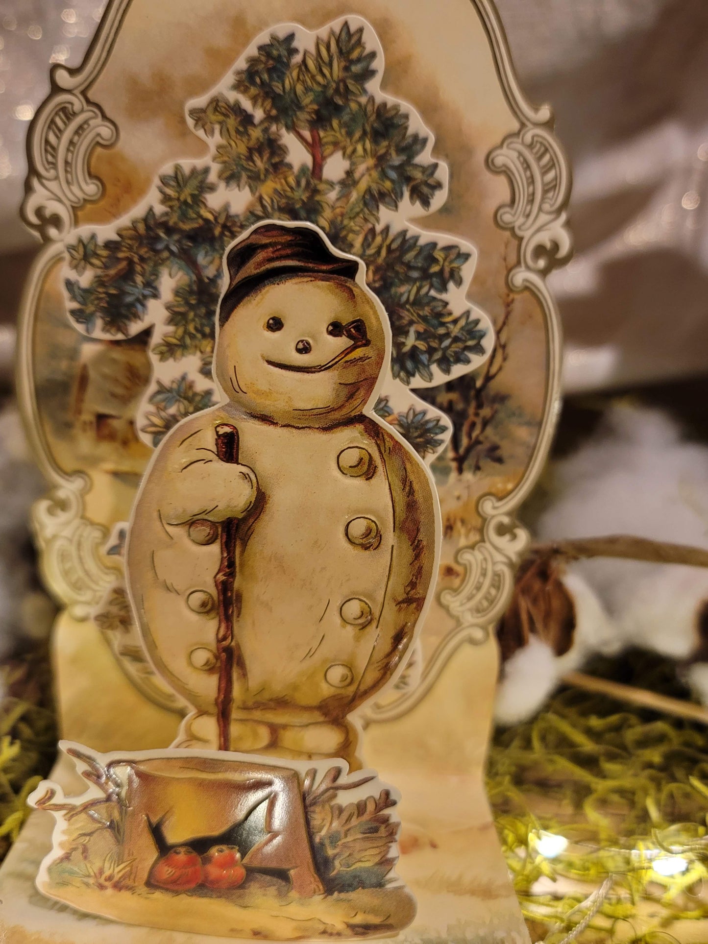 Victorian Christmas Postcard Style Pop Up Standing Snowman Card