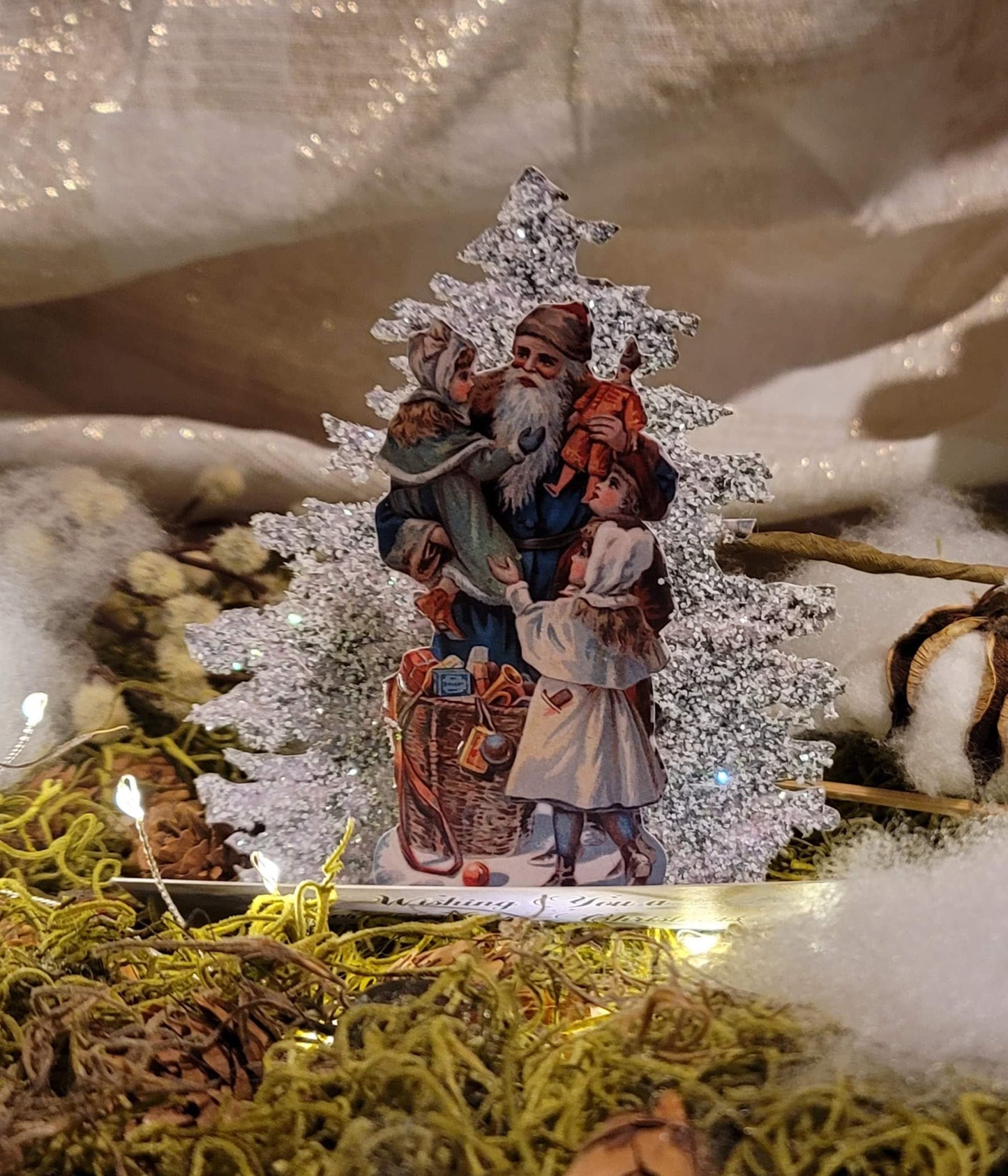 Vintage Victorian Christmas Santa with Glittered Tree Pop Up Standing Easel Card