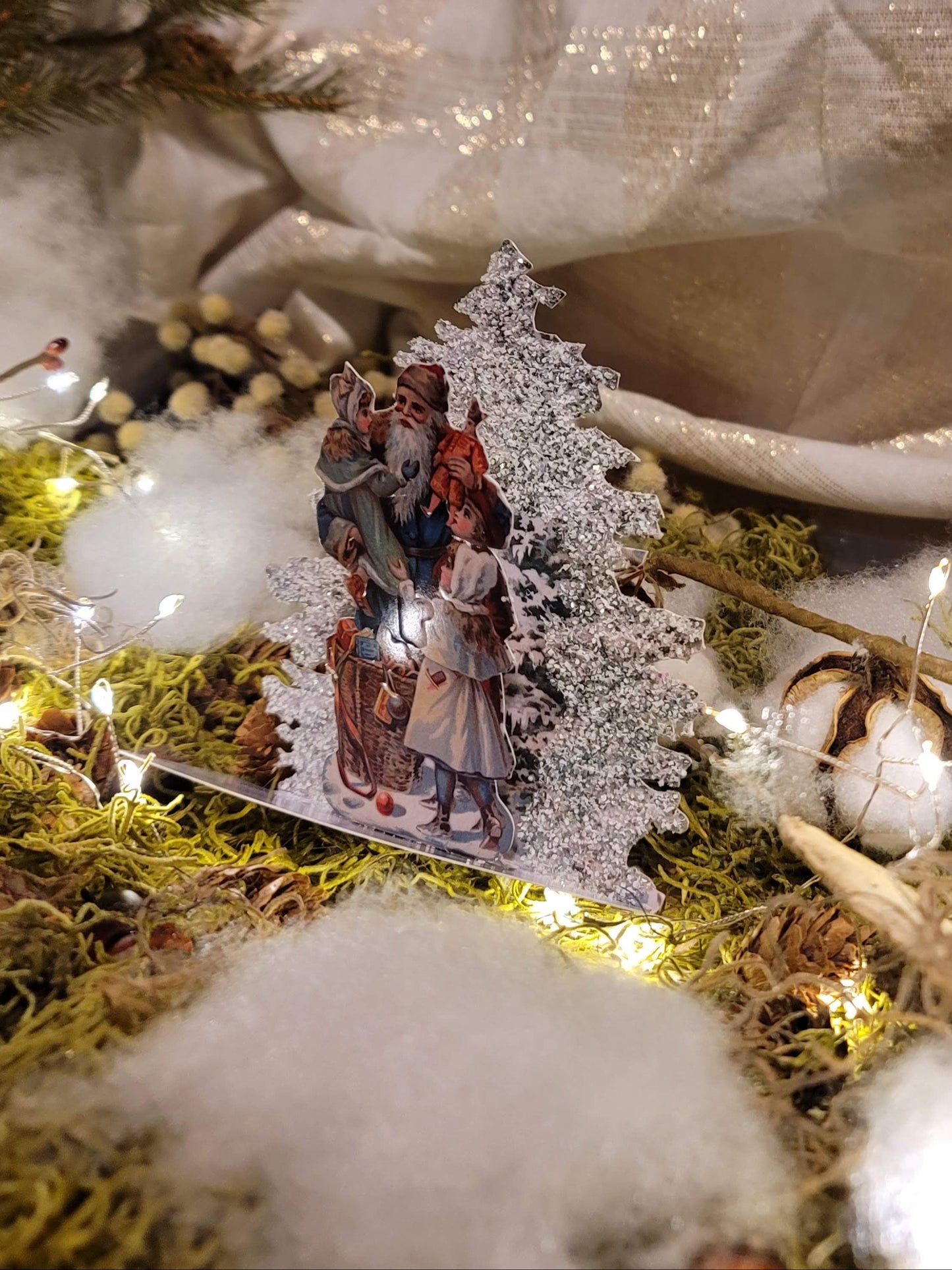 Vintage Victorian Christmas Santa with Glittered Tree Pop Up Standing Easel Card