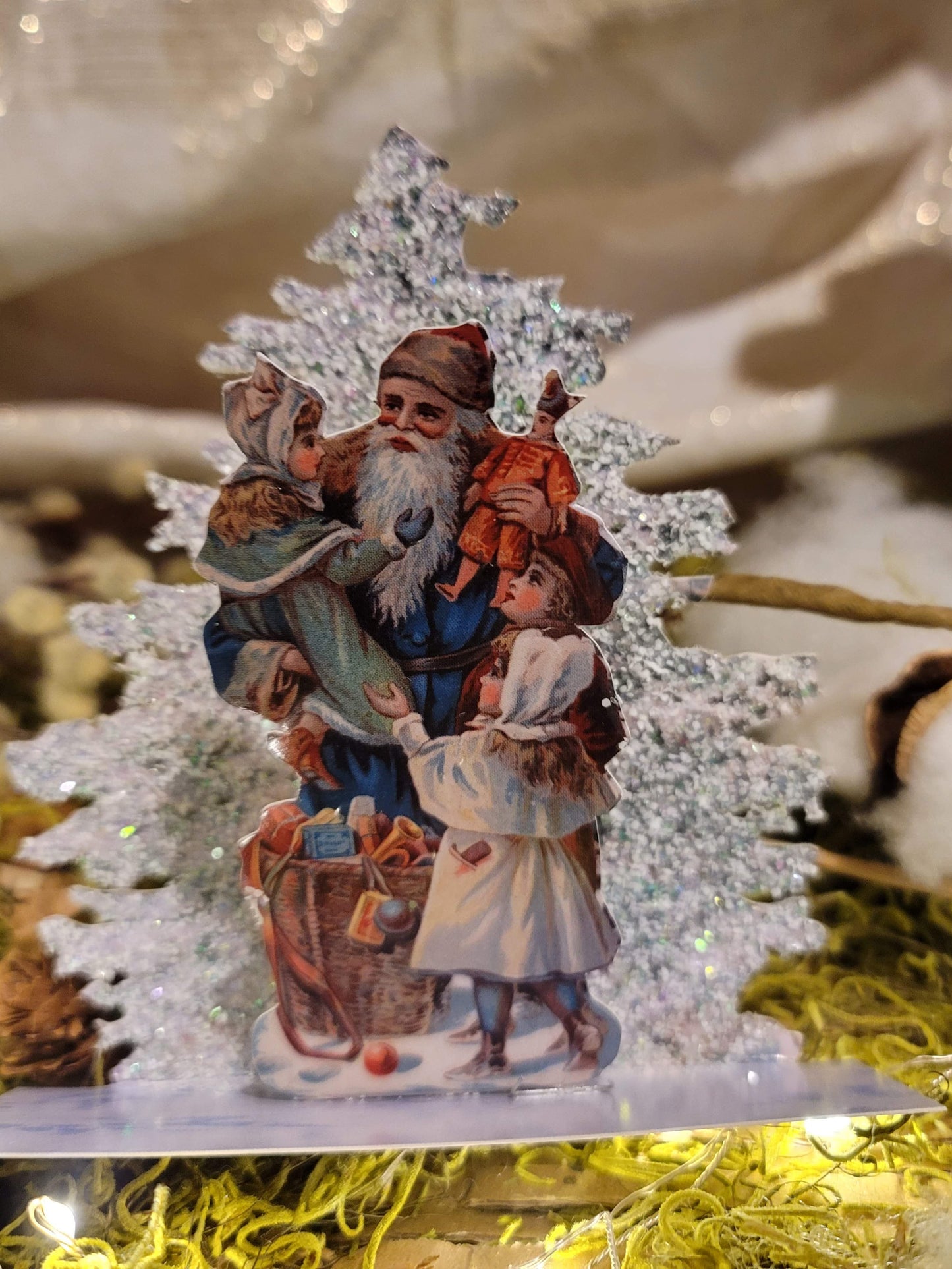 Vintage Victorian Christmas Santa with Glittered Tree Pop Up Standing Easel Card