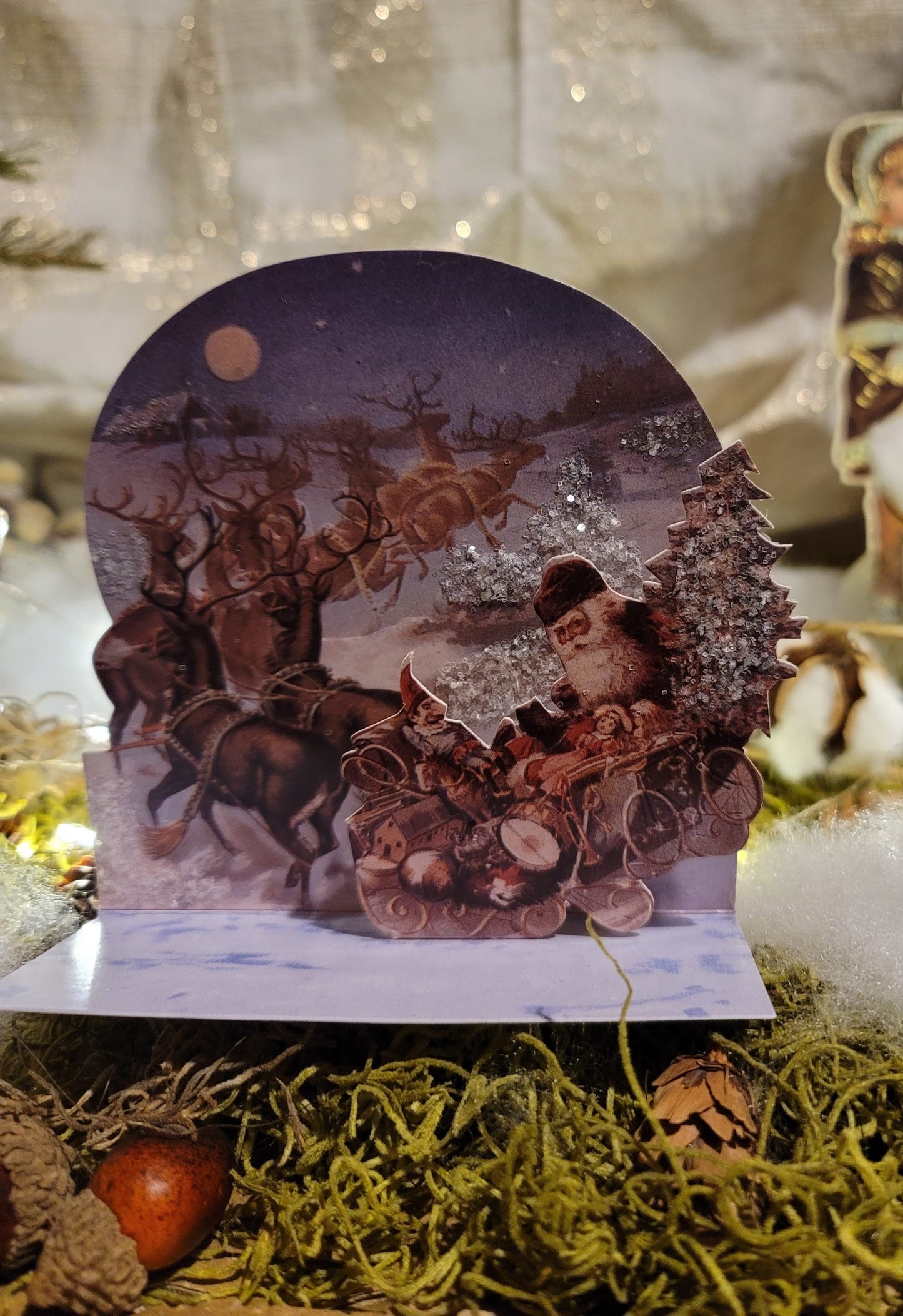 Vintage Victorian Style Night Before Christmas Glittered Father Christmas Santa Card