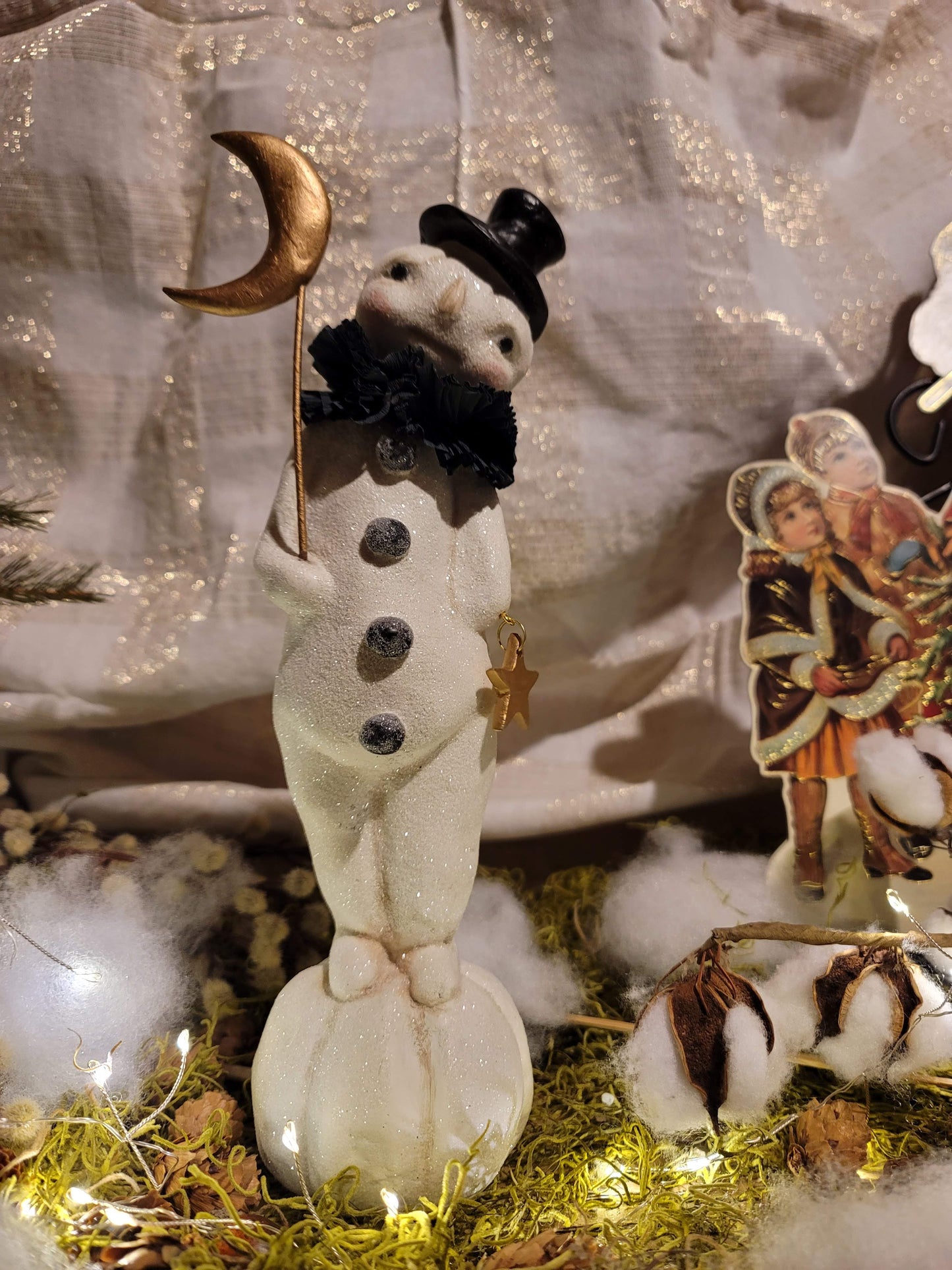 Vintage Halloween Christmas Style Dee Harvey Folk Art Snowman on Pumpkin