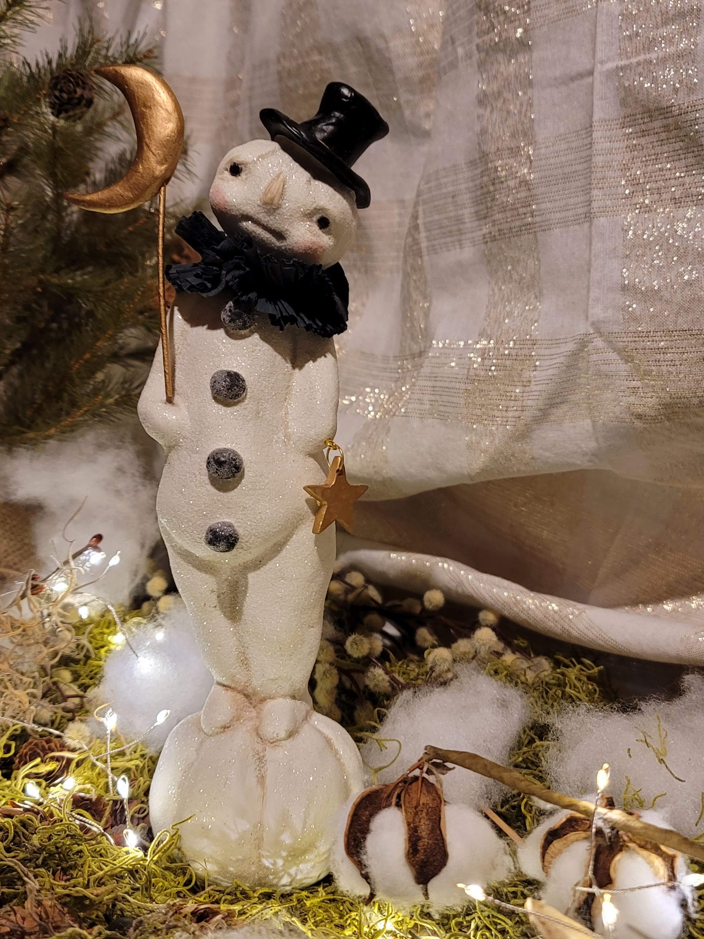 Vintage Halloween Christmas Style Dee Harvey Folk Art Snowman on Pumpkin