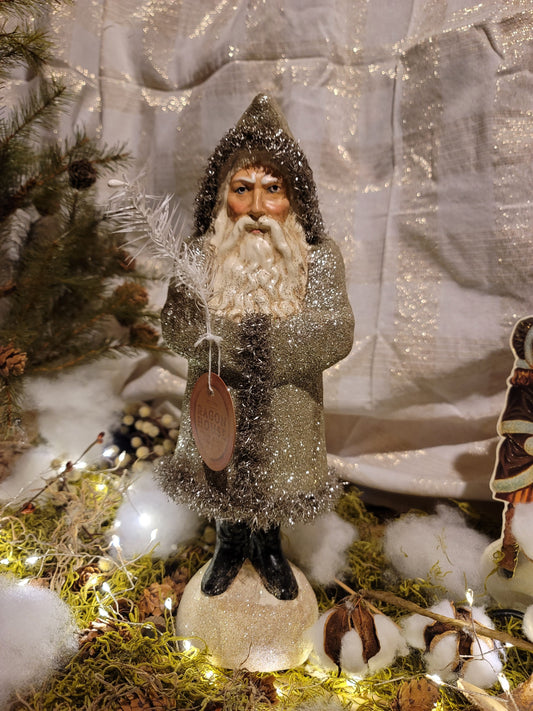 Vintage Folk Art Christmas Style Woodland Glittered Santa with Feather Tree