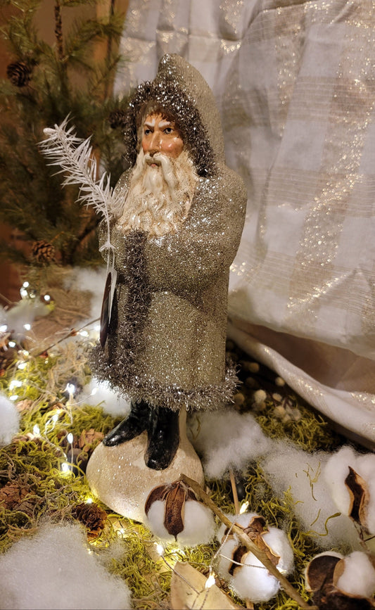 Vintage Folk Art Christmas Style Woodland Glittered Santa with Feather Tree