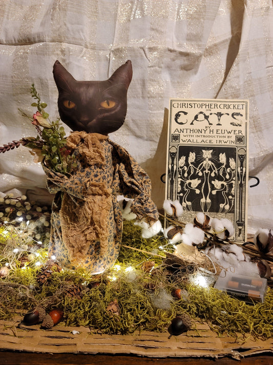 Primitive Style Stuffed Black Cat Figurine with Dried Flowers Muslin Apron